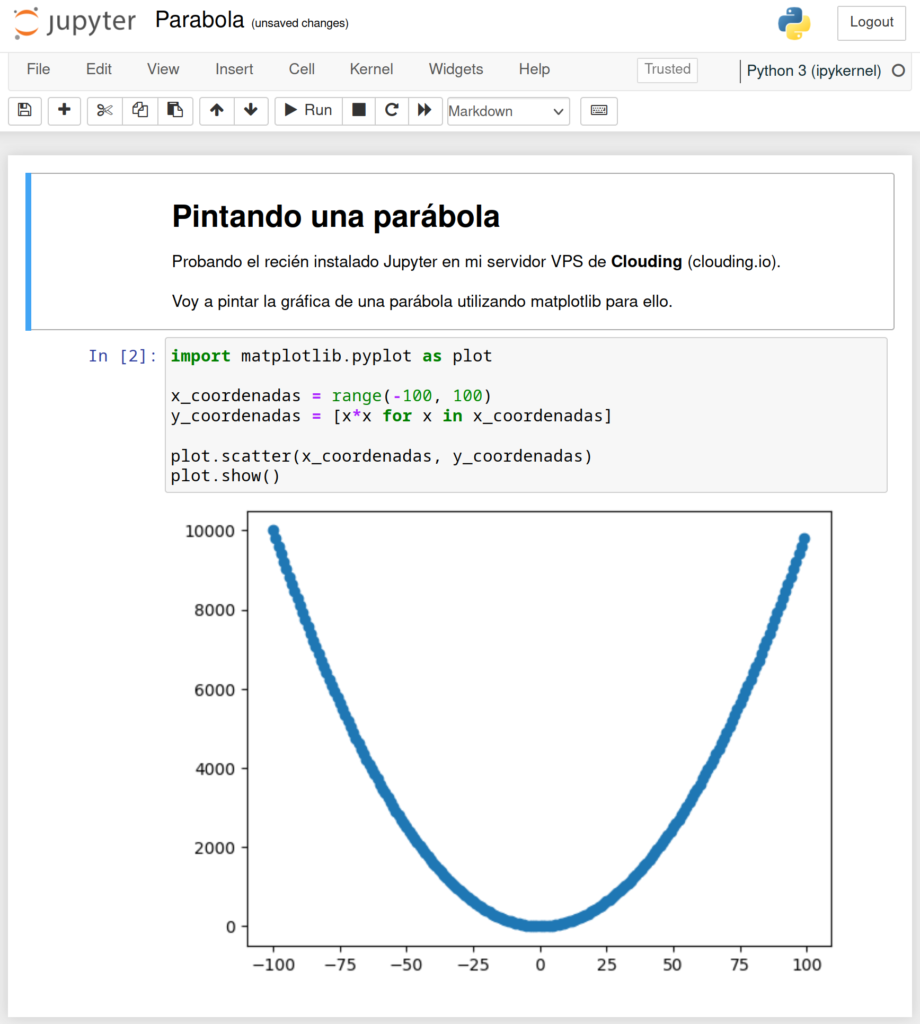 Parábola en Jupyter con Matplotlib en un servidor VPS